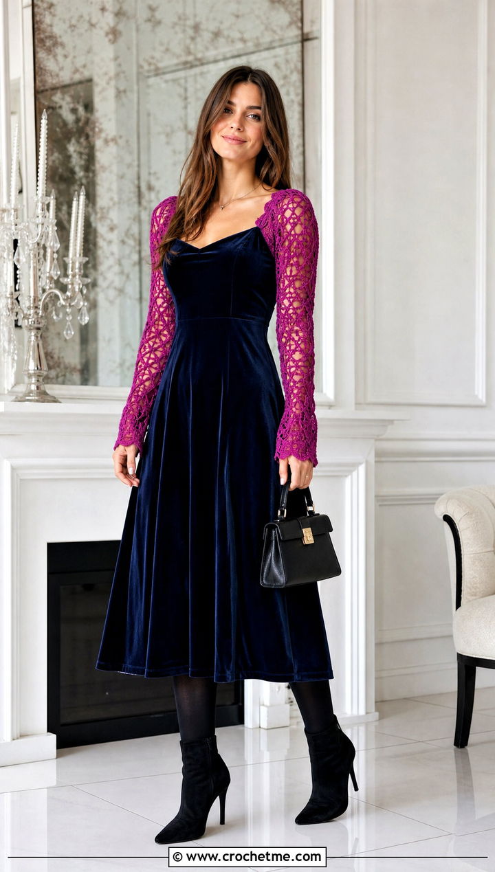 Crochet Long Sleeve Velvet Dress With Heeled Boots - 25 fabric and crochet dress outfit ideas