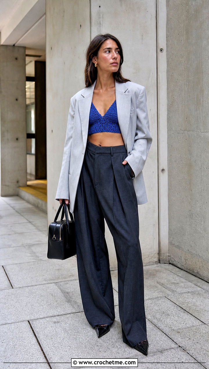 Crochet Longline Bralette With Tailored Trousers - 35 crochet lingerie outfit ideas