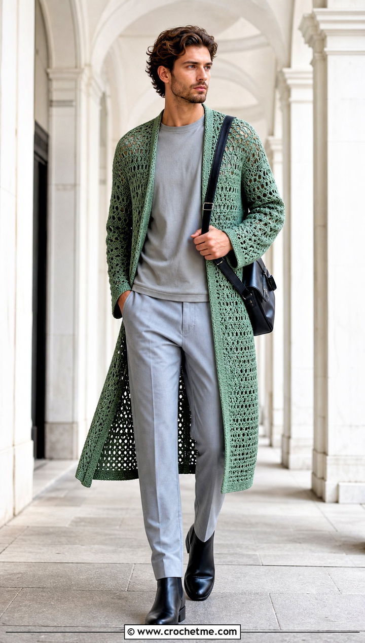Crochet Longline Cardigan With Monochrome Basics - 35 crochet mens clothes and outfit ideas