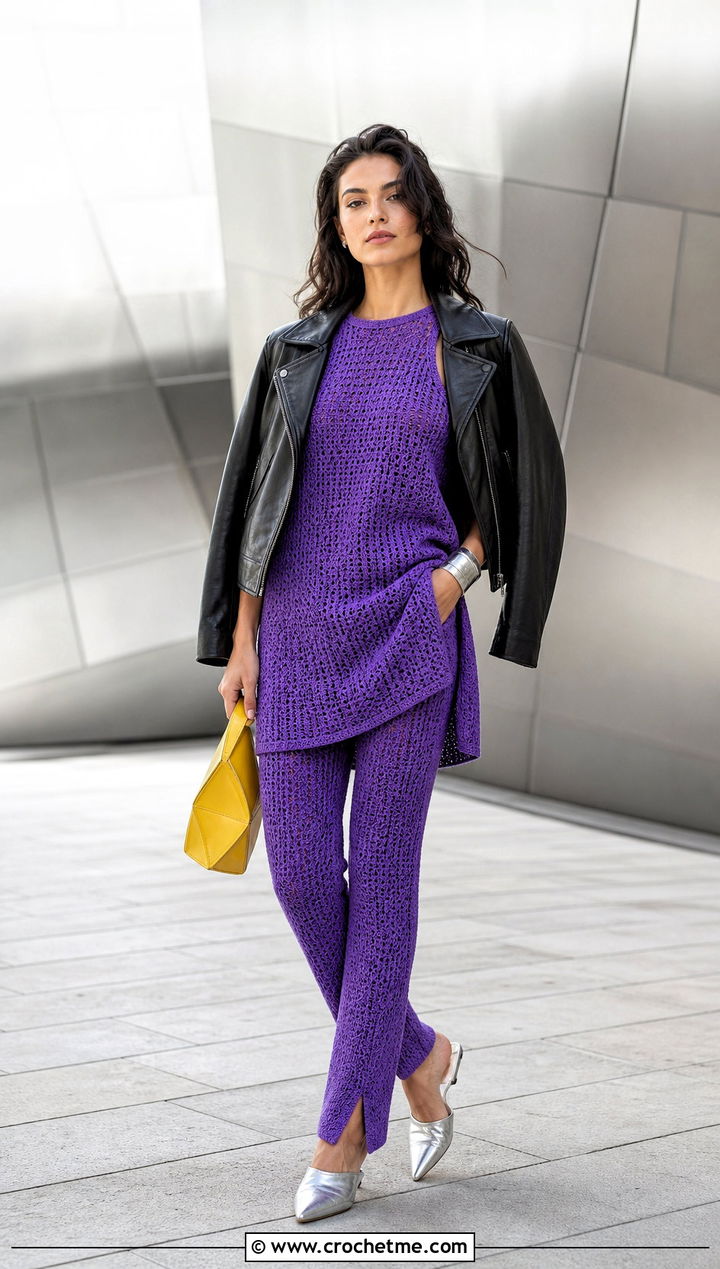 Crochet Longline Top And Split Hem Pants Set - 30 crochet top and bottom set outfit ideas