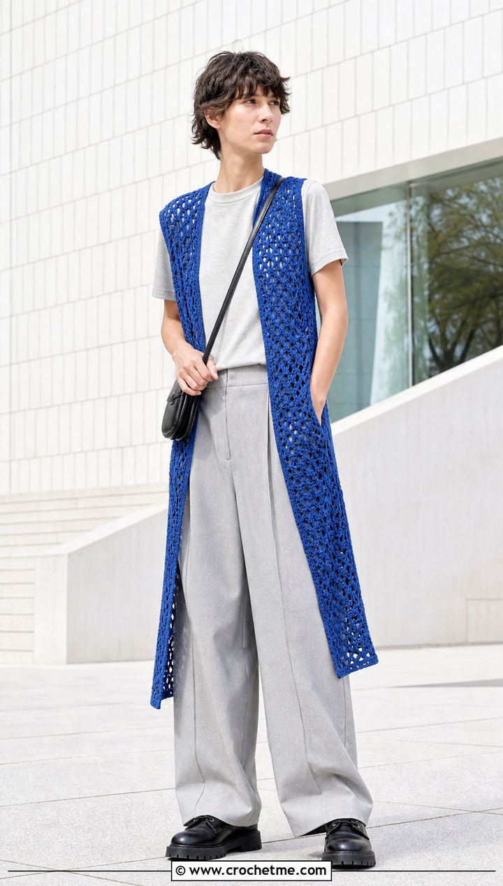 Crochet Longline Vest With Monochrome Basics - 30 Masc Crochet Clothes and outfit ideas