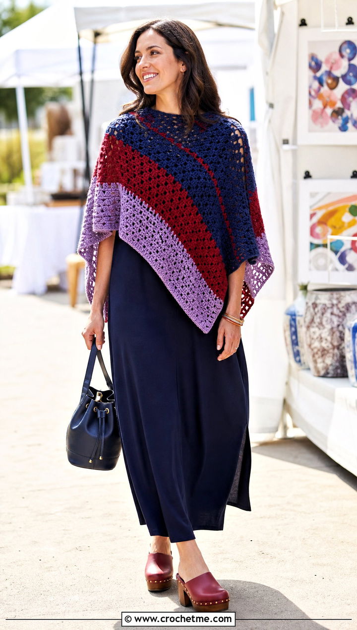 Crochet Lori Poncho Over A Maxi Dress - 20 crochet lori poncho outfit ideas