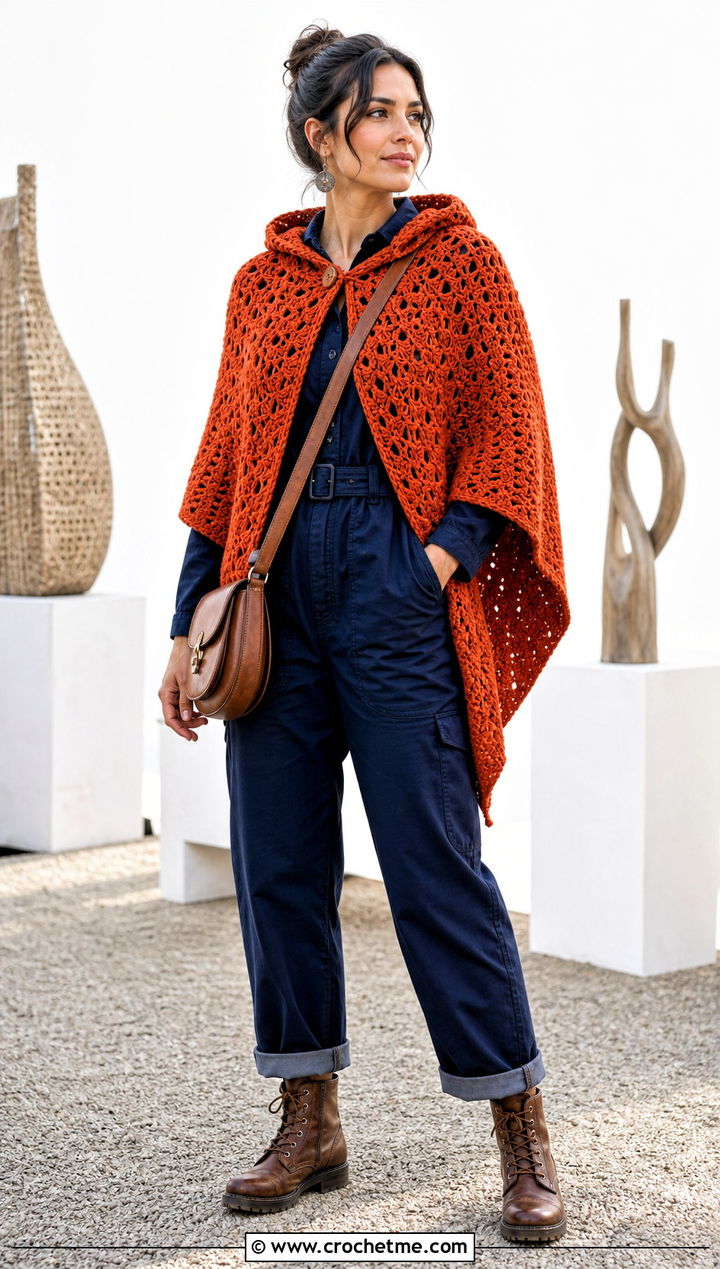 Crochet Lori Poncho Over A Utility Jumpsuit - 20 crochet lori poncho outfit ideas