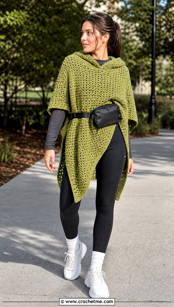 Crochet Lori Poncho With Black Leggings - 20 crochet lori poncho outfit ideas