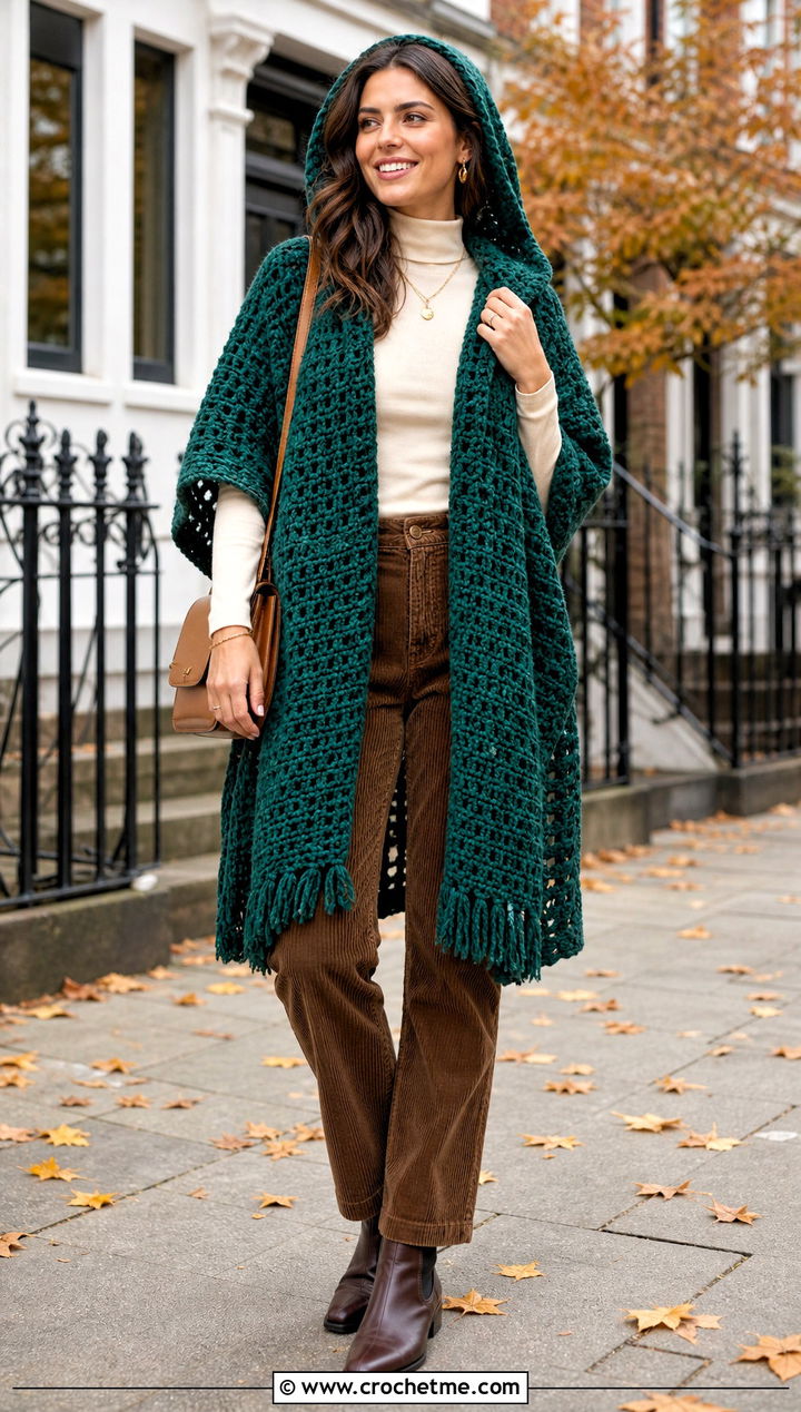 Crochet Lori Poncho With Corduroy Pants - 20 crochet lori poncho outfit ideas