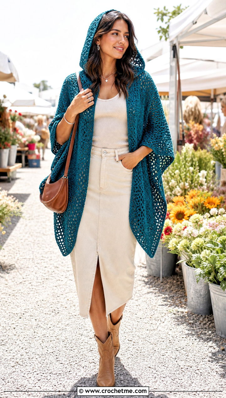 Crochet Lori Poncho With Denim Midi Skirt - 20 crochet lori poncho outfit ideas