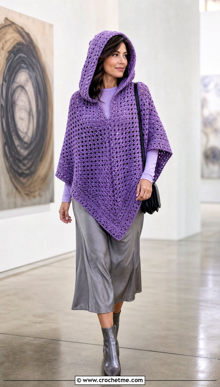 Crochet Lori Poncho With Satin Midi Skirt - 20 crochet lori poncho outfit ideas