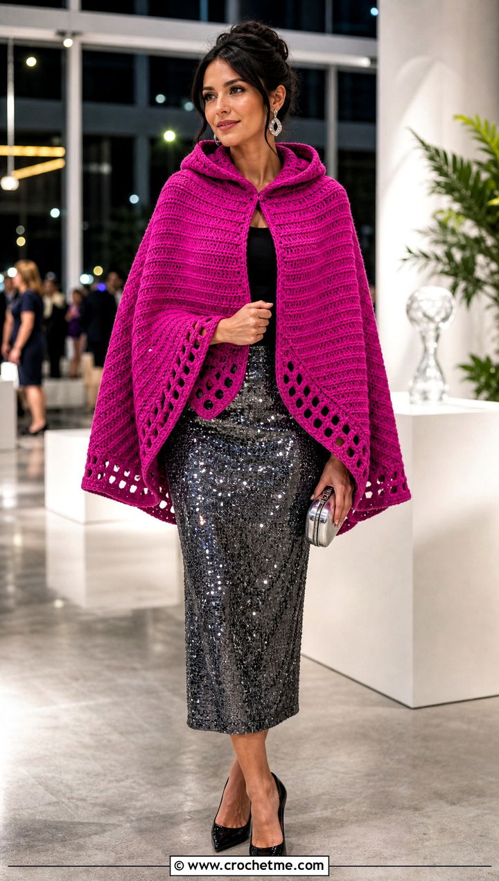 Crochet Lori Poncho With Sequin Midi Skirt - 20 crochet lori poncho outfit ideas