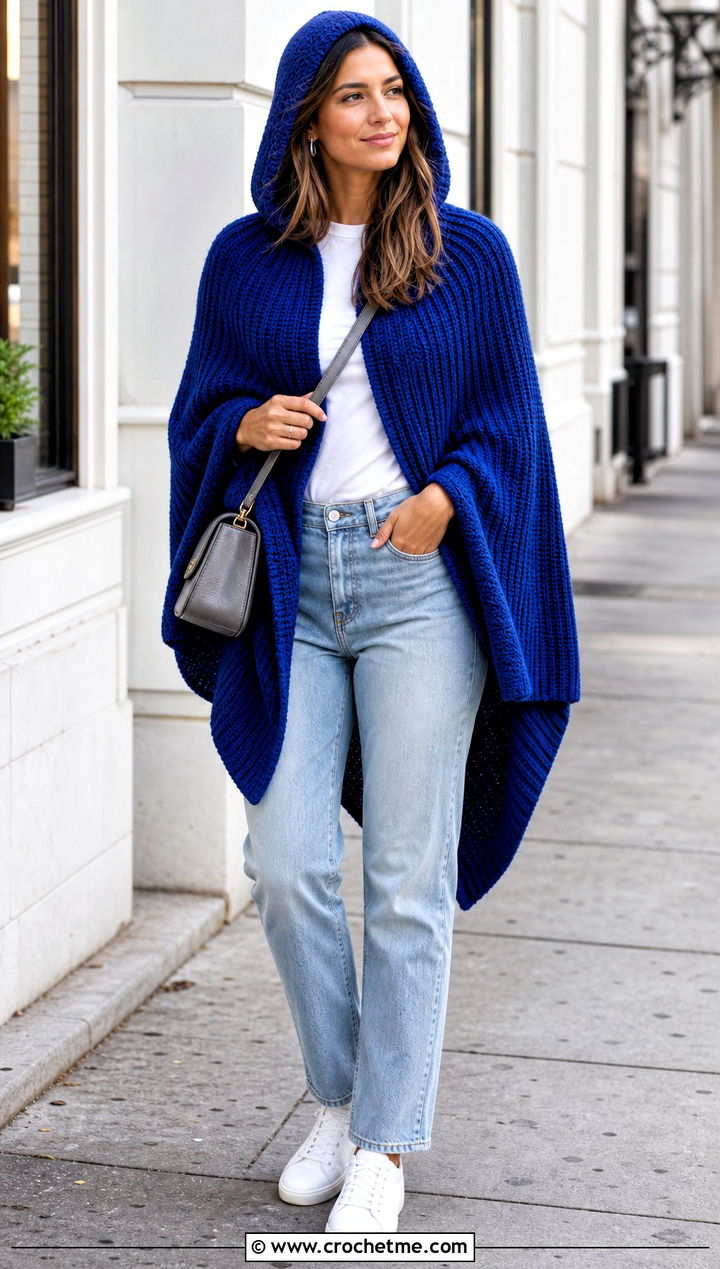 Crochet Lori Poncho With Straight Leg Jeans - 20 crochet lori poncho outfit ideas