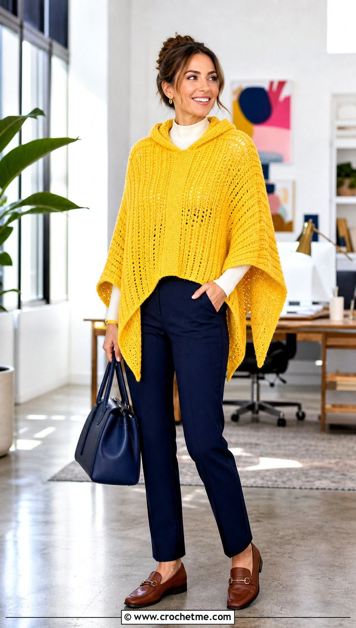Crochet Lori Poncho With Tailored Trousers - 20 crochet lori poncho outfit ideas