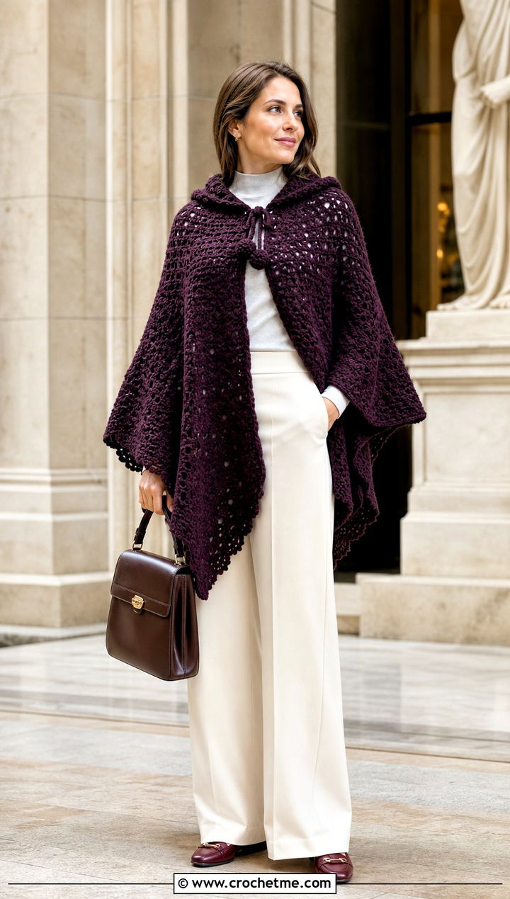 Crochet Lori Poncho With Wide Leg Trousers - 20 crochet lori poncho outfit ideas
