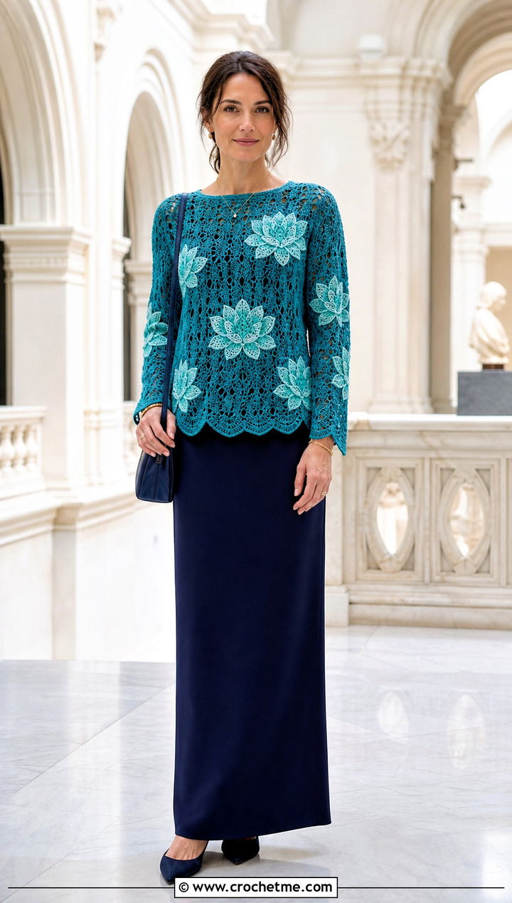 Crochet Lotus Sweater With Column Skirt - 30 crochet flowers on sweater outfit ideas