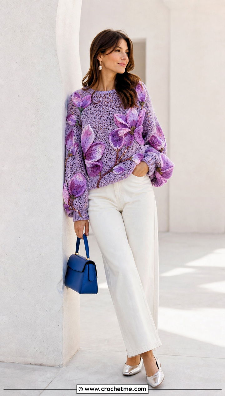 Crochet Magnolia Sweater With Cream Jeans - 30 crochet flowers on sweater outfit ideas