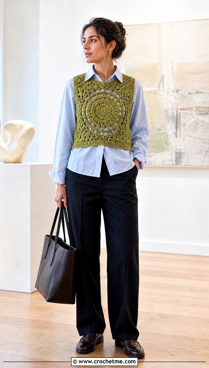 Crochet Mandala Vest Top With Button Down Shirt - 35 crochet mandala top outfit ideas