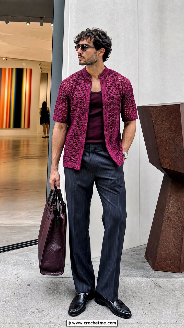 Crochet Mandarin Collar Shirt With Pinstripe Trousers - 35 crochet mens shirt outfit ideas