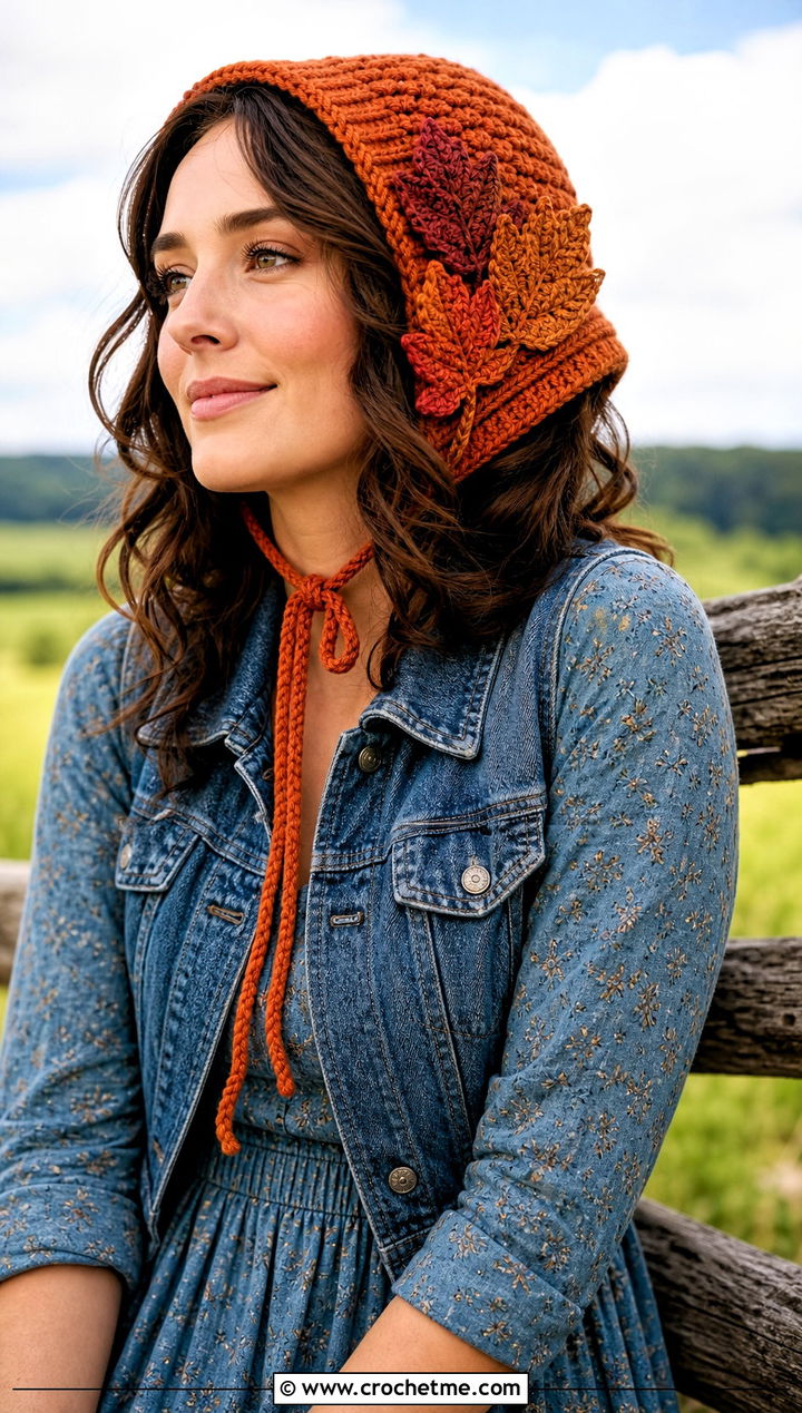 Crochet Maple Leaf Bonnet With Prairie Dress - 15 Crochet Thanksgiving Hat outfit ideas