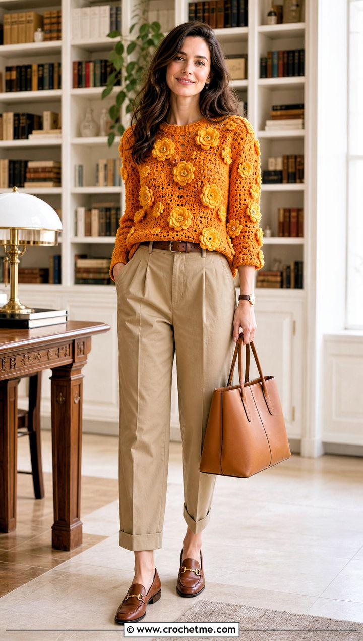 Crochet Marigold Sweater With Khaki Chinos - 30 crochet flowers on sweater outfit ideas