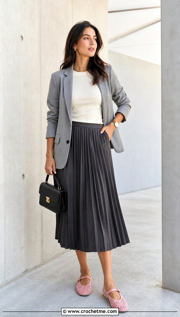 Crochet Mary Jane Flats With Pleated Midi Skirt - 20 crocheted shoes women outfit ideas