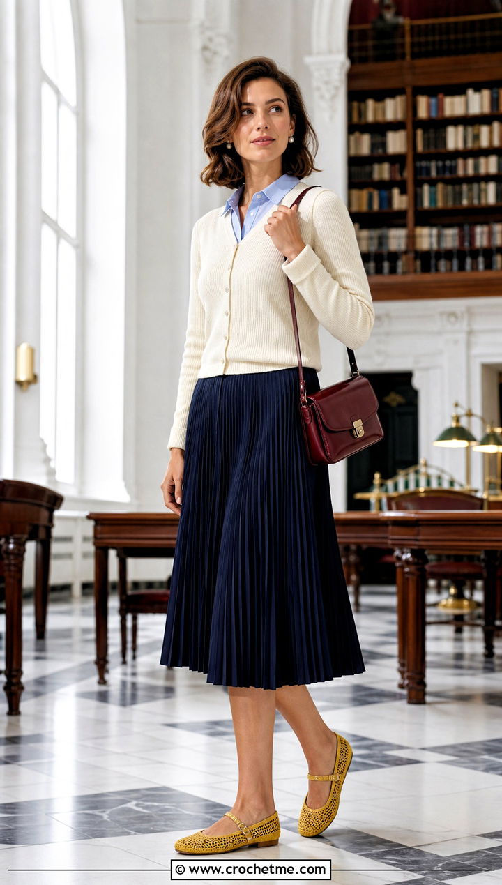 Crochet Mary Jane Flats With Pleated Midi Skirt - 25 women crochet shoes outfit ideas