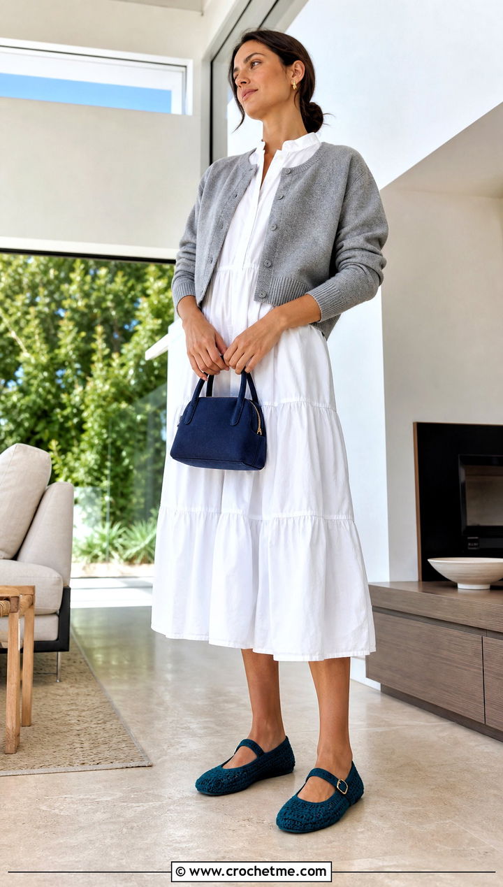 Crochet Mary Jane Slippers With A Midi Dress - 15 easy flat crochet slippers outfit ideas
