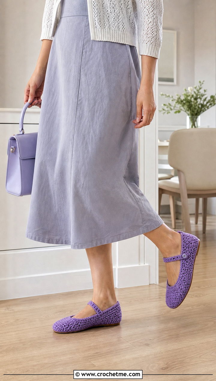 Crochet Mary Jane Slippers With Midi Dress - 25 Quick Crochet Slippers outfit ideas