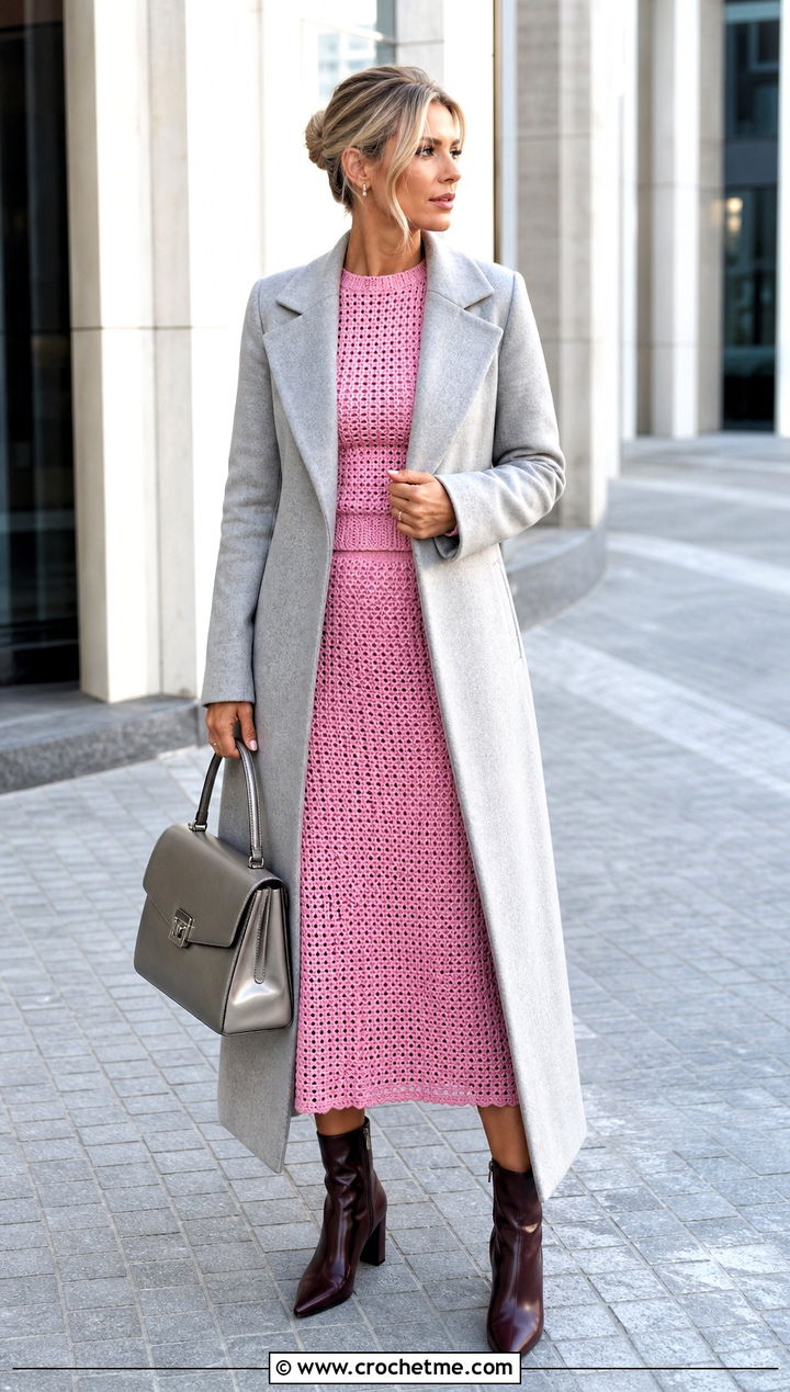 Crochet Matching Set With Long Wool Coat - 25 Fall Crochet Outfit Ideas