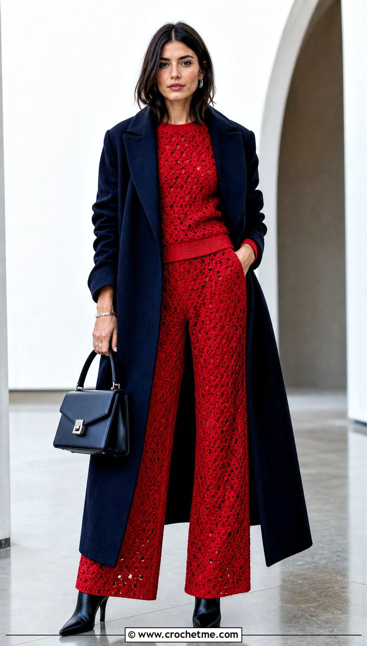 Crochet Matching Set With Long Wool Coat - 30 crochet clothes for winter outfit ideas