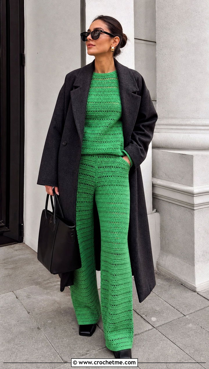 Crochet Matching Set With Oversized Wool Coat - 25 Winter Crochet Clothes and outfit ideas