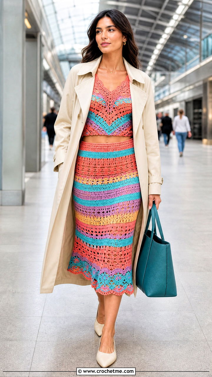 Crochet Matching Set With Trench Coat - 35 easy crochet clothes and outfit ideas