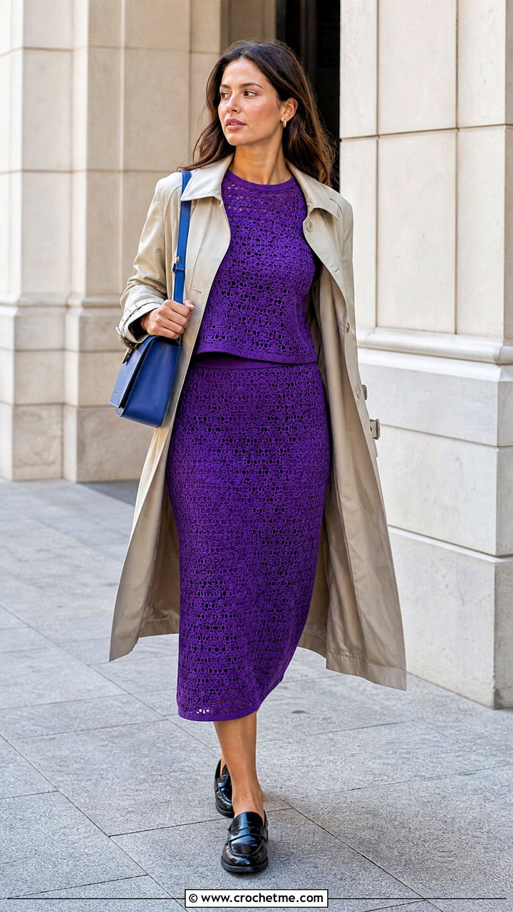 Crochet Matching Set With Trench Coat and Loafers - 35 crochet clothes ideas