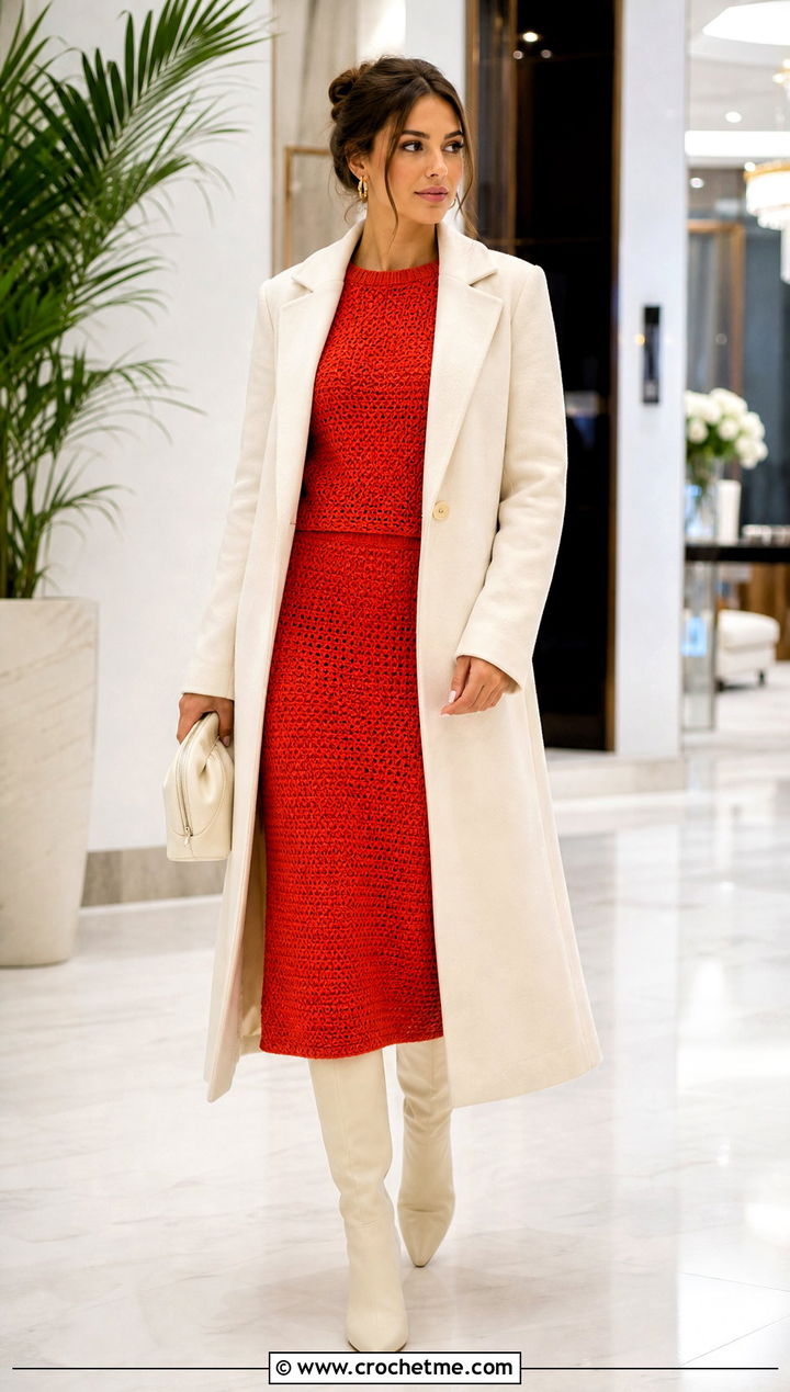 Crochet Matching Set With an Overcoat - 35 Crochet Winter Outfits ideas