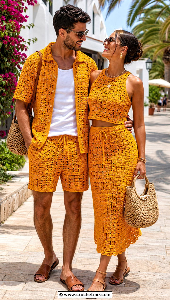 Crochet Matching Sets With Vacation Sandals - 30 couples crochet outfit ideas