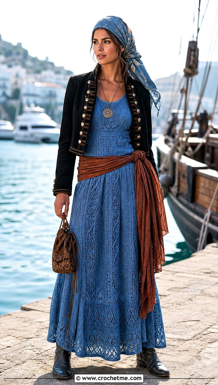 Crochet Maxi Dress Pirate Costume With Cropped Jacket - 30 crochet pirate costume outfit ideas