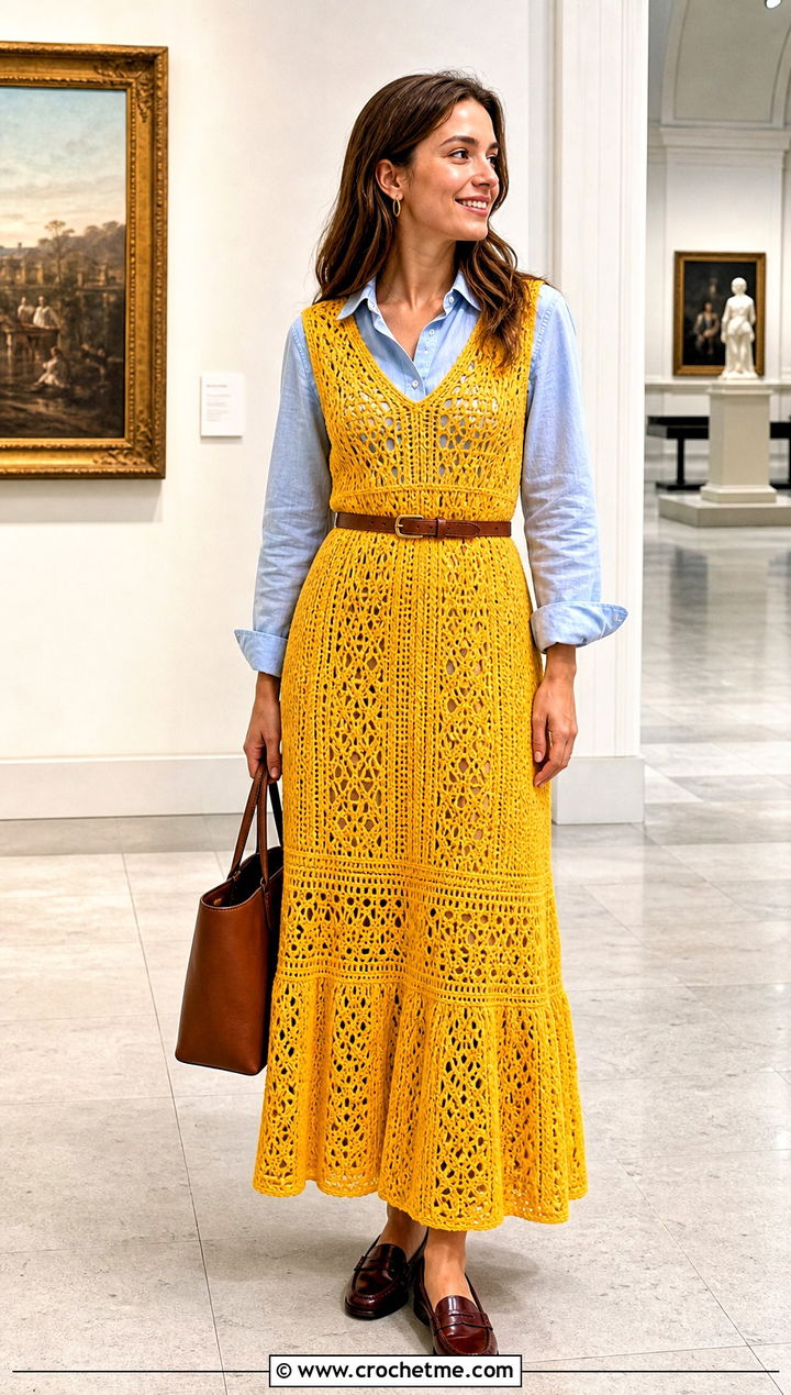 Crochet Maxi Dress With Button Down Shirt - 30 full crochet outfit ideas