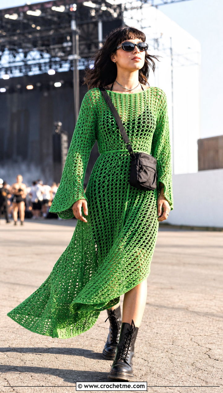Crochet Maxi Dress With Combat Boots - 25 Crochet Festival Outfit ideas