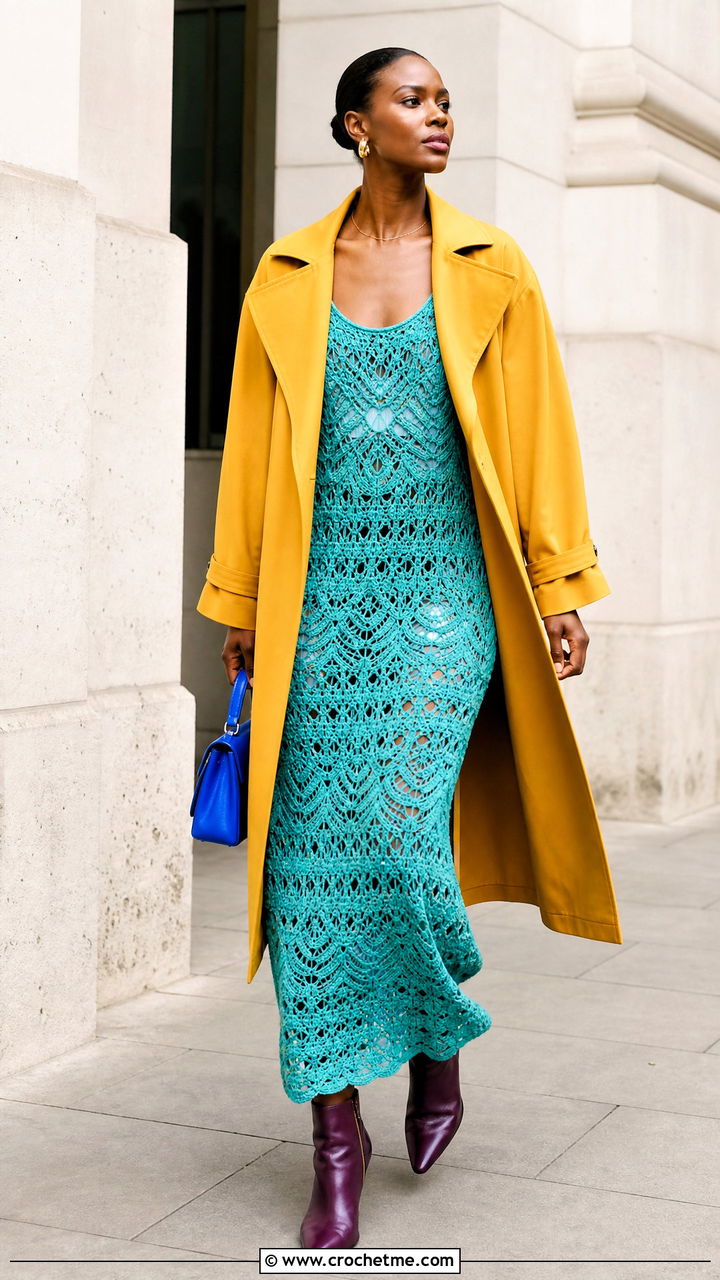 Crochet Maxi Dress With Cropped Trench Coat - 35 crochet clothing and accessories ideas