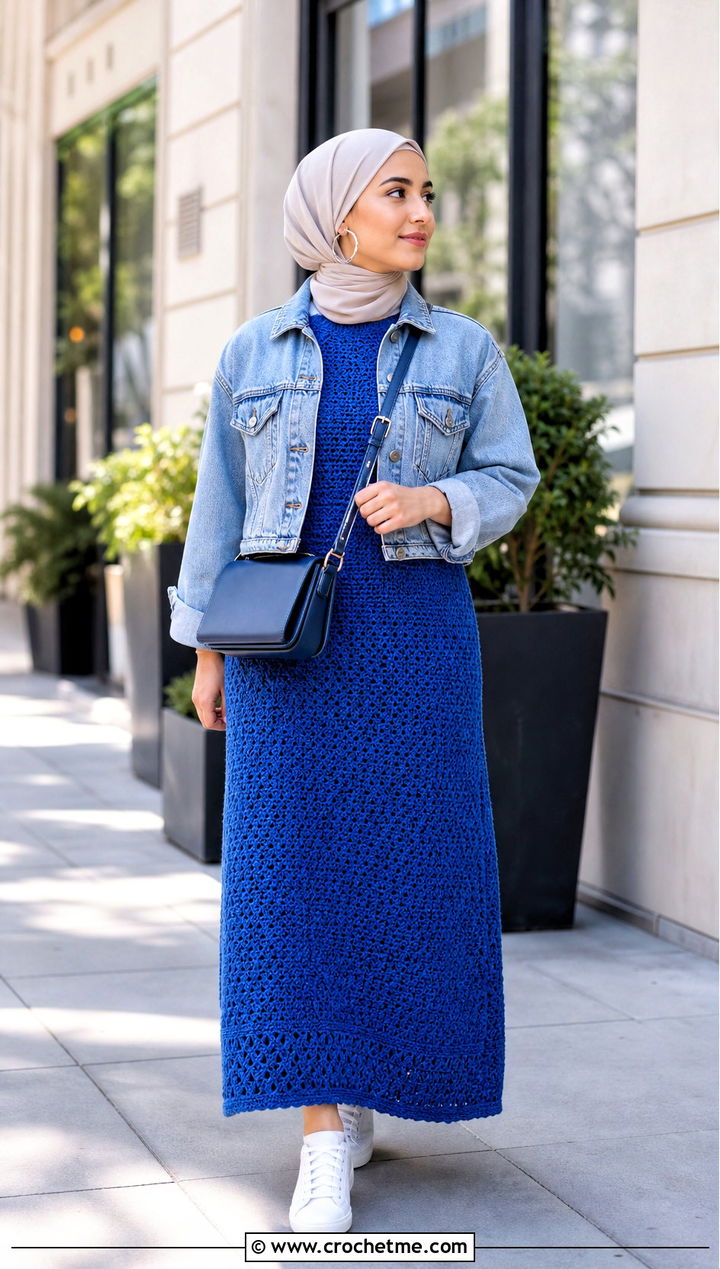 Crochet Maxi Dress With Denim Jacket - 30 modest crochet dress outfit ideas