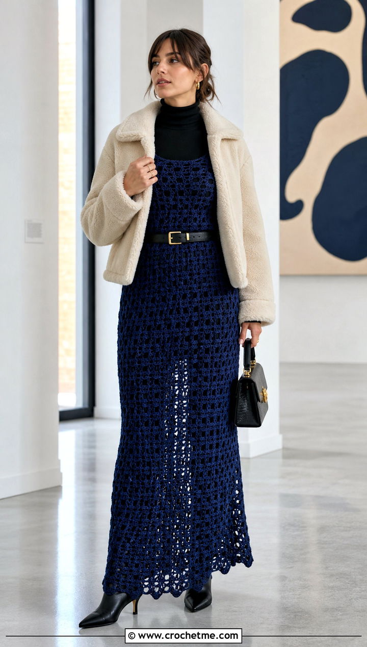 Crochet Maxi Dress With Layered Turtleneck - 25 winter crochet outfit ideas