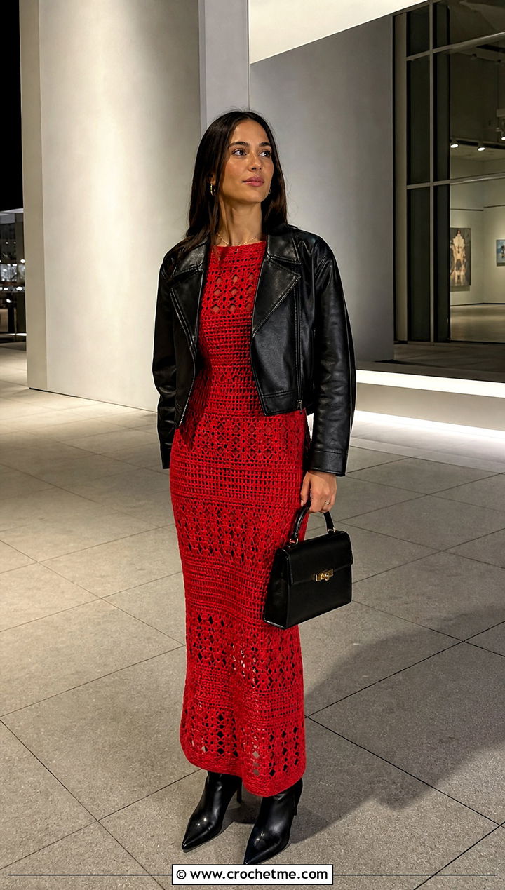 Crochet Maxi Dress With Leather Jacket And Boots - 25 crochet a dress for women outfit ideas