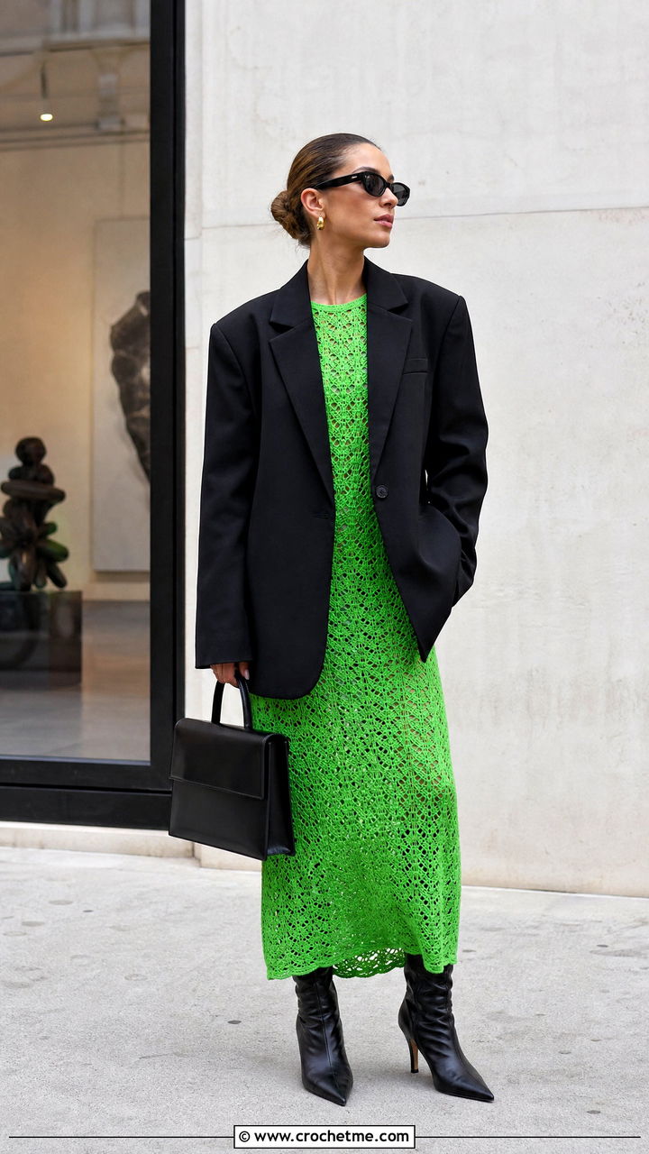 Crochet Maxi Dress With Oversized Blazer - 35 crochet fall clothes and outfit ideas