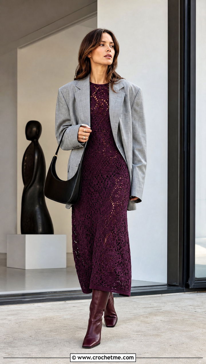Crochet Maxi Dress With Oversized Blazer - 25 Fall Crochet Outfit Ideas