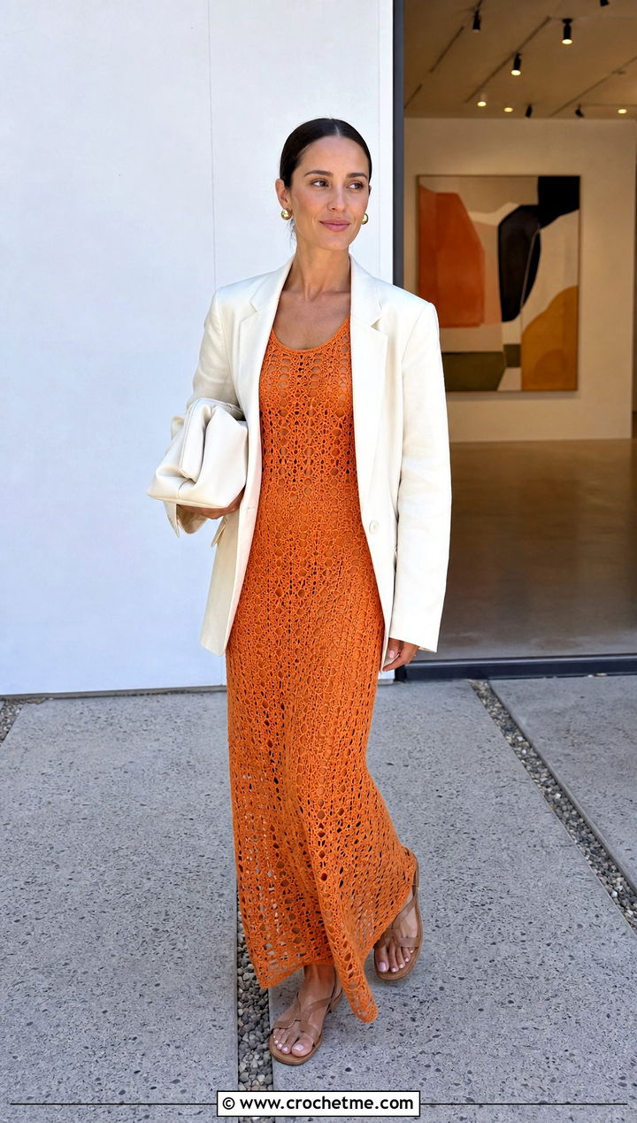 Crochet Maxi Dress With Oversized Blazer - 15 cute trendy crochet clothes and outfit ideas
