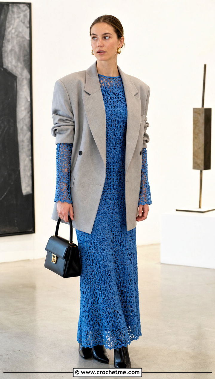 Crochet Maxi Dress With Oversized Blazer - 30 Edgy Crochet Clothes and outfit ideas