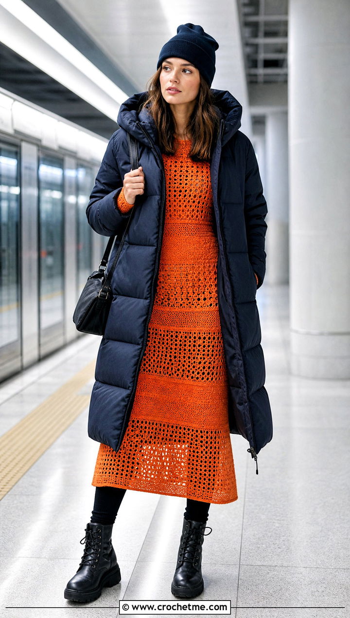 Crochet Maxi Dress With Puffer Coat - 30 crochet dress for winter outfit ideas