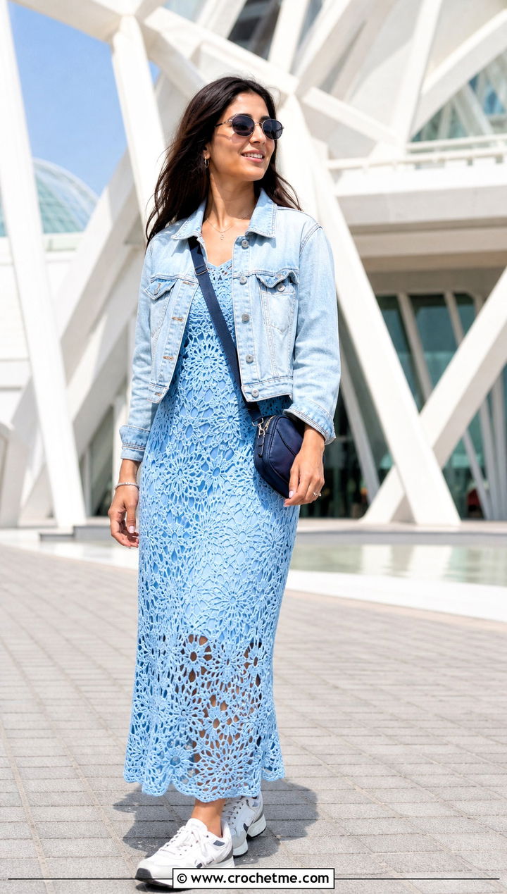 Crochet Maxi Dress With Sneakers - 20 Quick Crochet Clothes and outfit ideas