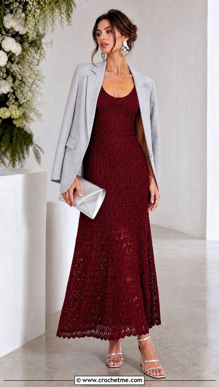 Crochet Maxi Dress With Tailored Blazer - 25 Cute Things To Crochet Clothes and outfit ideas