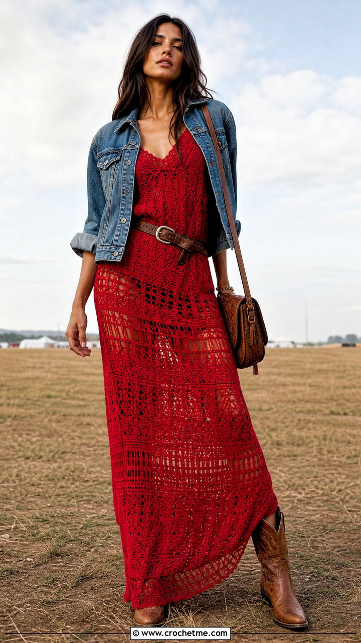 Crochet Maxi Dress With Western Boots - 35 boho crochet clothes and outfit ideas