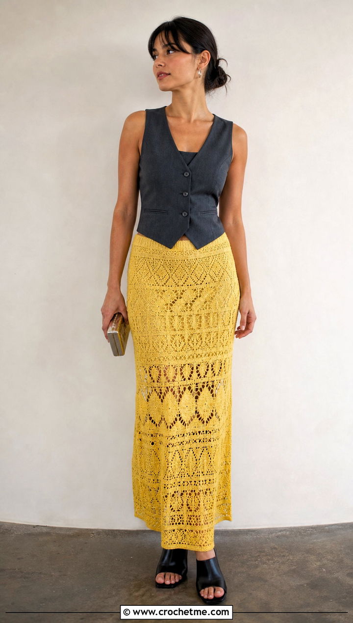 Crochet Maxi Skirt And Tailored Vest Wedding Guest Outfit - 25 crochet wedding guest outfit ideas