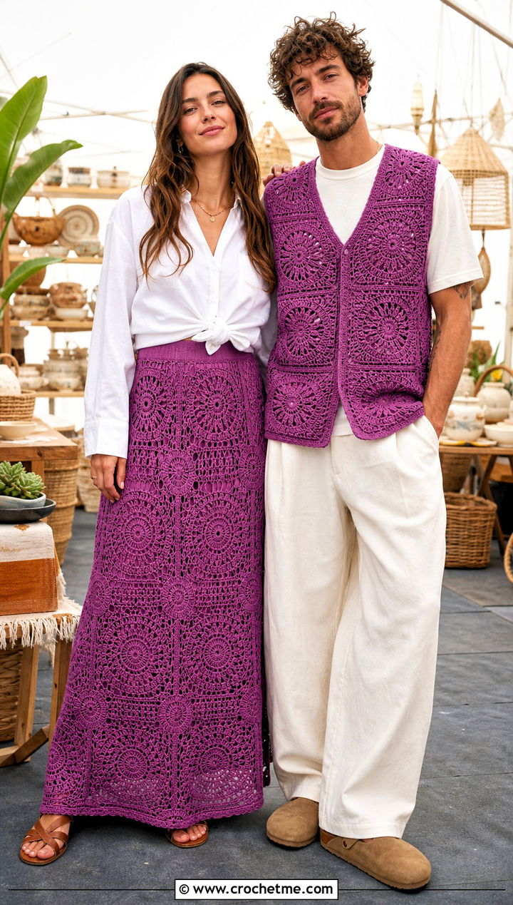 Crochet Maxi Skirt And Vest Boho Outfit - 30 couples crochet outfit ideas