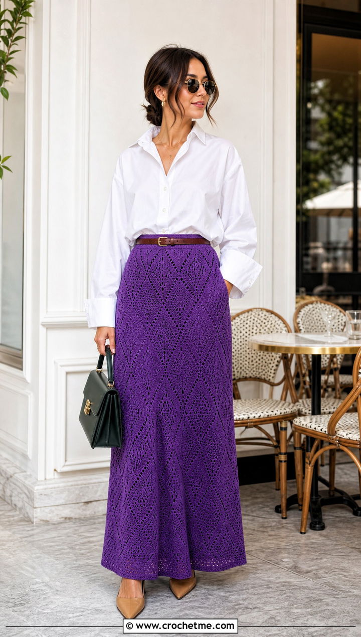 Crochet Maxi Skirt With Crisp White Shirt - 35 whimsical crochet clothes and outfit ideas
